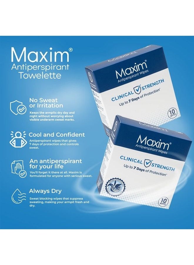 Maxim - Maxim® Clinical Strength Antiperspirant Wipes for hyperhidrosis Excessive Sweating – Reduces Sweat Up to 7-days Per Use – Antiperspirant for Men and Women Certain to Keep you Dri. 10 wipes - Image 1