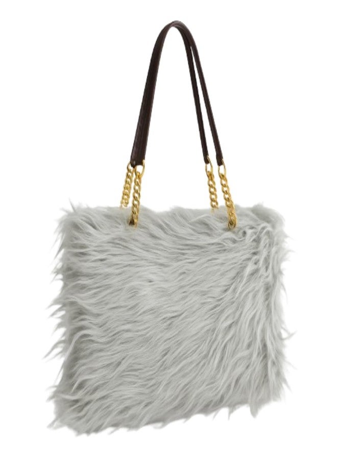 VINNIE Trendy Faux Fur Handbag for Women & Girls - Single Compartment Furry Shoulder Bag with Embroidery Lace & Chain Handles (Grey) - Image 1