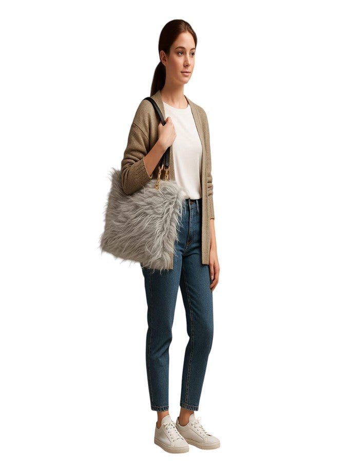 VINNIE Trendy Faux Fur Handbag for Women & Girls - Single Compartment Furry Shoulder Bag with Embroidery Lace & Chain Handles (Grey) - Image 3