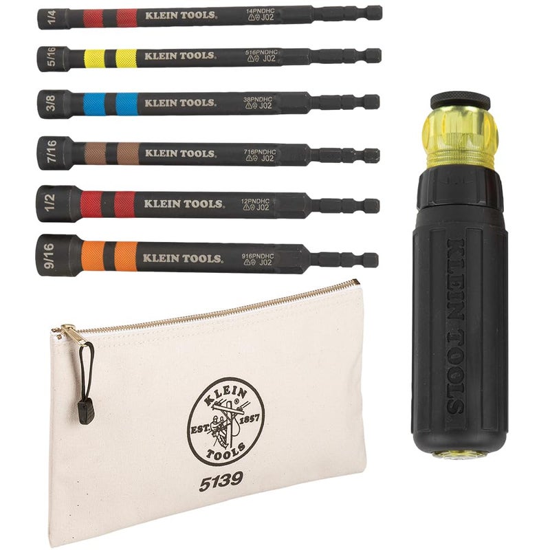 Klein Tools 80182 Ratcheting Impact-Rated Hollow Power Nut Driver Set with Handle, Magnetic, 6 SAE Hex Sizes plus Zipper Canvas Tool Bag, 12.5 x 7 x 0.7-Inch 8-Piece - Image 1