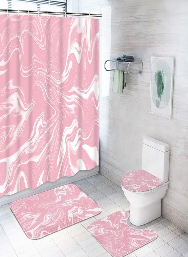 ArtSocket Pink and White Shower Curtain Set with Rugs, Marble Bathroom Set with Non-Slip Rug, Toilet Lid Cover, Bath Mat and 12 Hooks 72x72 inches Bathroom Decor 4 Pcs - Image 1