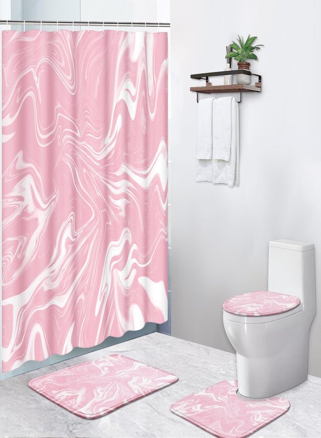 ArtSocket Pink and White Shower Curtain Set with Rugs, Marble Bathroom Set with Non-Slip Rug, Toilet Lid Cover, Bath Mat and 12 Hooks 72x72 inches Bathroom Decor 4 Pcs - Image 2