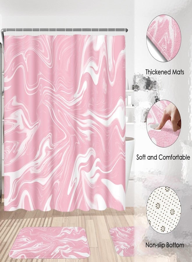 ArtSocket Pink and White Shower Curtain Set with Rugs, Marble Bathroom Set with Non-Slip Rug, Toilet Lid Cover, Bath Mat and 12 Hooks 72x72 inches Bathroom Decor 4 Pcs - Image 4