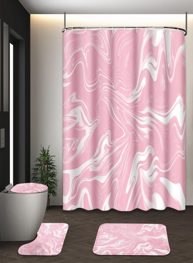 ArtSocket Pink and White Shower Curtain Set with Rugs, Marble Bathroom Set with Non-Slip Rug, Toilet Lid Cover, Bath Mat and 12 Hooks 72x72 inches Bathroom Decor 4 Pcs - Image 5