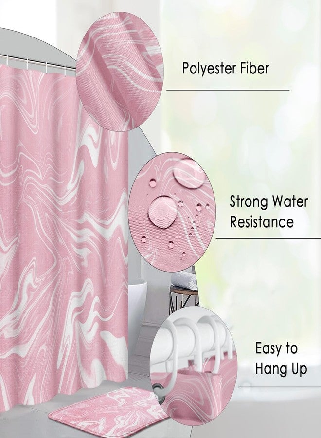 ArtSocket Pink and White Shower Curtain Set with Rugs, Marble Bathroom Set with Non-Slip Rug, Toilet Lid Cover, Bath Mat and 12 Hooks 72x72 inches Bathroom Decor 4 Pcs - Image 3