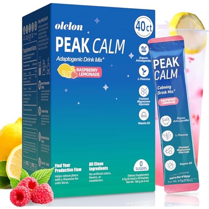 OLELON 40 Count Super Cortisol Calm Drink with Magnesium Glycinate, Ashwagandha, L-Theanine & Vitamin D3 |Magnesium glycinate Powder for Relaxation, Focus & Sleep Support | Raspberry Lemonade | No Sugar - Image 1