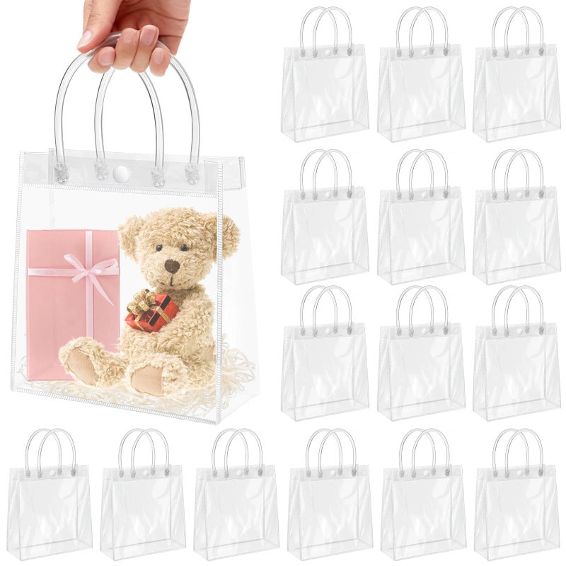 Okxiri 15 PCS Clear PVC Gift Bags with Handles,Small Reusable Plastic Party Favor Bags, Transparent Goodie Bags for Wedding,Baby Shower, Birthday (6.1" x 6.1" x 2.7") - Image 1