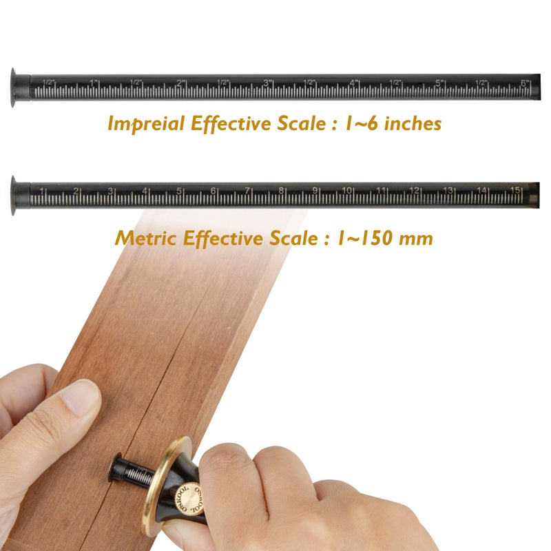 O'SKOOL Wheel Marking Gauge for Woodworking, Precision Scribing Tool with Dual Metric/Imperial Scale, Solid Metal Body, Bearing-Mounted Rolling Cutter, Extra Blade Included, MAM018 - Image 2
