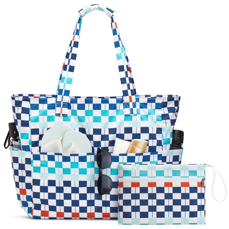 G4Free XL Beach Bag Waterproof Sandproof Large Foldable Beach Tote with Zipper for Women Pool Travel Swim Grocery Tote Bags Blue Red Checkered - Image 2
