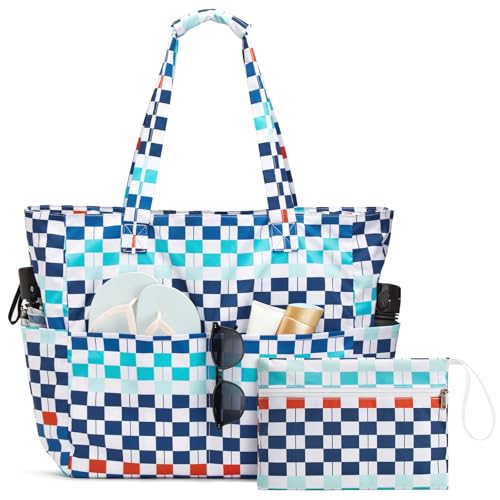 G4Free XL Beach Bag Waterproof Sandproof Large Foldable Beach Tote with Zipper for Women Pool Travel Swim Grocery Tote Bags Blue Red Checkered - Image 1