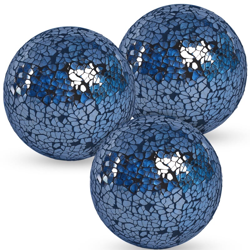 DomeStar 3PCS Decorative Balls Mosaic Glass Orbs Centerpiece Balls 4inch Dark Blue Orbs for Decorate Bowls Vases Tables Wedding Party