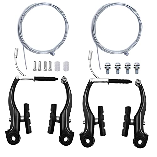 Hmseng 2 Pairs Bike brakes, Universal Complete V Bike Brakes set, Mountain Bike Replacement for Most Bicycle,Road Bike Brakes Cables with Front Back Wheels End Caps,End Ferrules -Black - Image 1