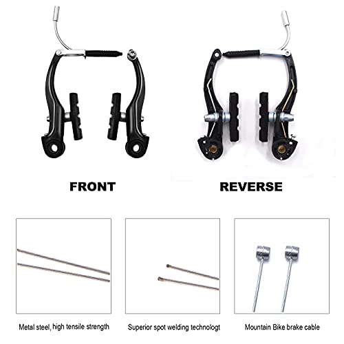 Hmseng 2 Pairs Bike brakes, Universal Complete V Bike Brakes set, Mountain Bike Replacement for Most Bicycle,Road Bike Brakes Cables with Front Back Wheels End Caps,End Ferrules -Black - Image 3