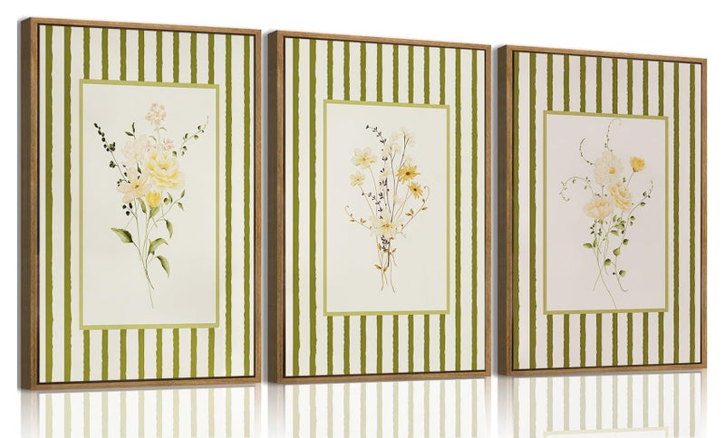 KISSFOX 3 Piece Floral Framed Wall Art Wildflower Canvas Wall Art Flower Pictures Wall Decor Boho Botanical Paintings Green Poster Prints For Girly Bedroom Living Room Bathroom - Image 1
