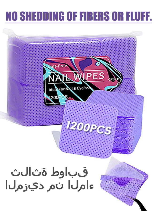 1200 Pcs Lint-free Nail Wipes, Three-Layer Super Absorbent Nail remover towel, Eyelash Extension Wipes for Nail Art (Purple) - Image 1