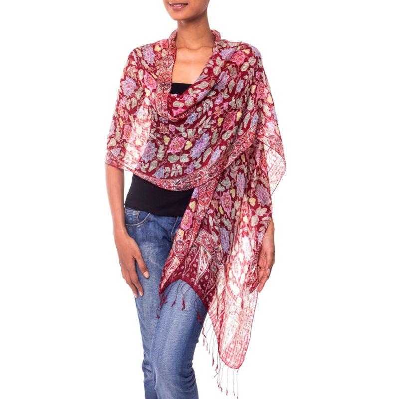 NOVICA Artisan Handmade | 100% Silk Batik Shawl Artisan Wrap Red Shawl | Lightweight Silk Shawl | Handmade Silk Batik Shawl | Travel Silk Shawl | Silk Scarf For Women | Patterned Floral Wine Garden - Image 1