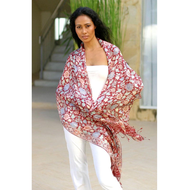 NOVICA Artisan Handmade | 100% Silk Batik Shawl Artisan Wrap Red Shawl | Lightweight Silk Shawl | Handmade Silk Batik Shawl | Travel Silk Shawl | Silk Scarf For Women | Patterned Floral Wine Garden - Image 2