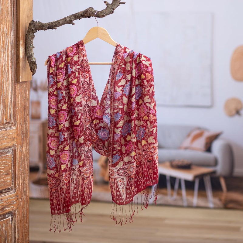 NOVICA Artisan Handmade | 100% Silk Batik Shawl Artisan Wrap Red Shawl | Lightweight Silk Shawl | Handmade Silk Batik Shawl | Travel Silk Shawl | Silk Scarf For Women | Patterned Floral Wine Garden - Image 3