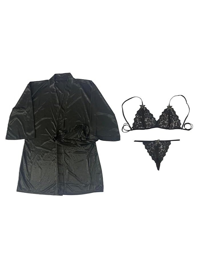 Accessorize Kingdom Accessorize Kingdom Women's Satin Robe and Lace Lingerie Set Combo  - Image 1