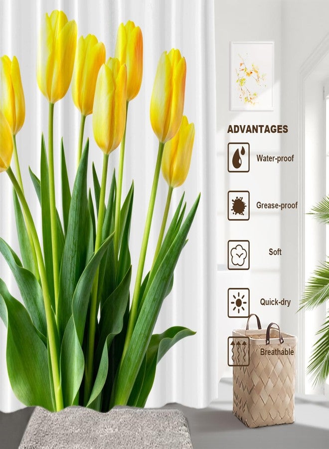 BaoNews Yellow Romantic Floral Decor Shower Curtain,White Elegant Tulip Polyester Shower Curtain for Shower Stall Bathroom Waterproof with 10 Hooks 60x72 Inch - Image 3