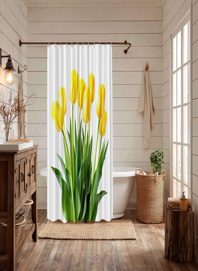 BaoNews Yellow Romantic Floral Decor Shower Curtain,White Elegant Tulip Polyester Shower Curtain for Shower Stall Bathroom Waterproof with 10 Hooks 60x72 Inch - Image 2