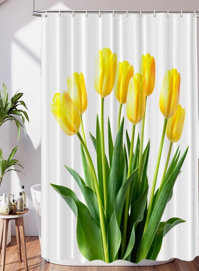 BaoNews Yellow Romantic Floral Decor Shower Curtain,White Elegant Tulip Polyester Shower Curtain for Shower Stall Bathroom Waterproof with 10 Hooks 60x72 Inch - Image 1