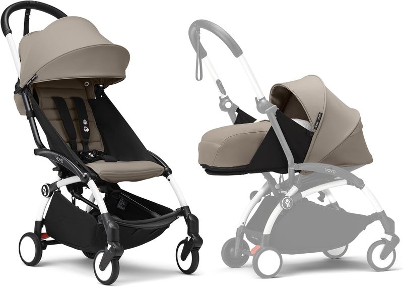 Stokke YOYO3 Complete Yoyo Stroller From Birth - Includes White Frame + YOYO 6+ Color Pack + 0+ Newborn Pack - Taupe - Image 1