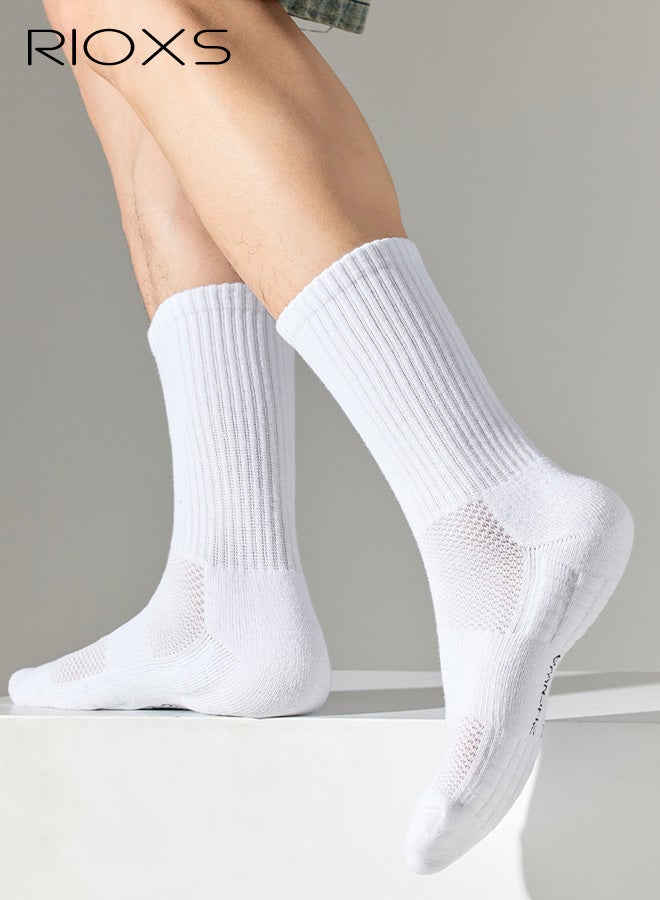 RIOXS 3 Pairs Mens Athletic Long Socks, Breathable Crew Athletic Mesh Socks for Males, Soft Moisture Wicking Cushion Long Socks for Hiking Running Traveling, White - Image 4