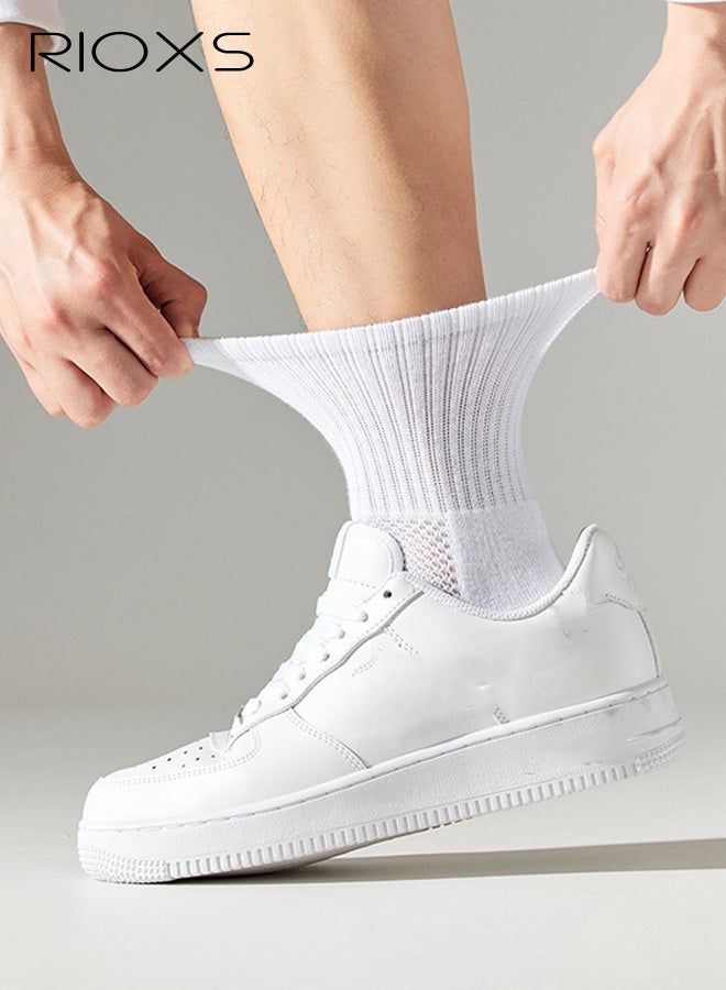 RIOXS 3 Pairs Mens Athletic Long Socks, Breathable Crew Athletic Mesh Socks for Males, Soft Moisture Wicking Cushion Long Socks for Hiking Running Traveling, White - Image 2