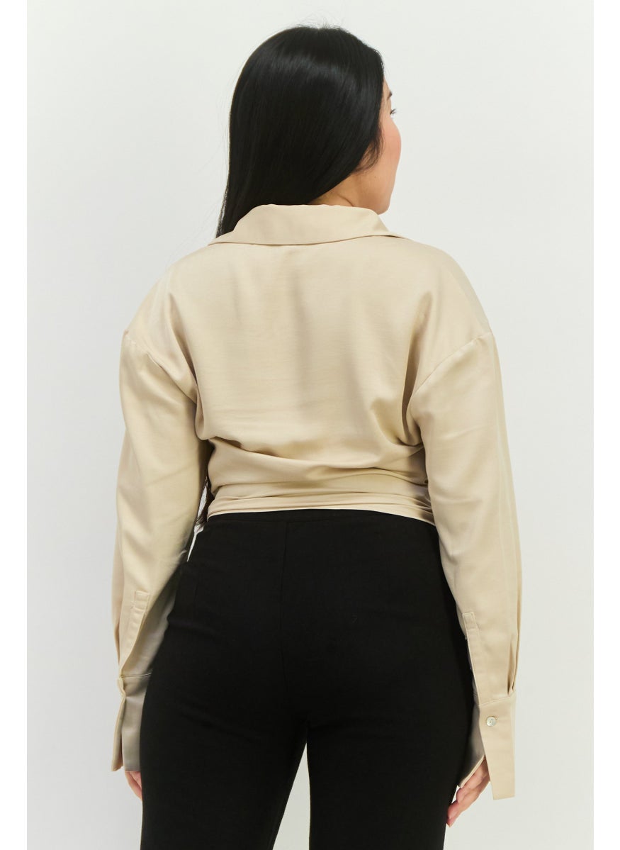 NIA - Women Spread Collar Long Sleeves Plain Top, Tan - Image 1