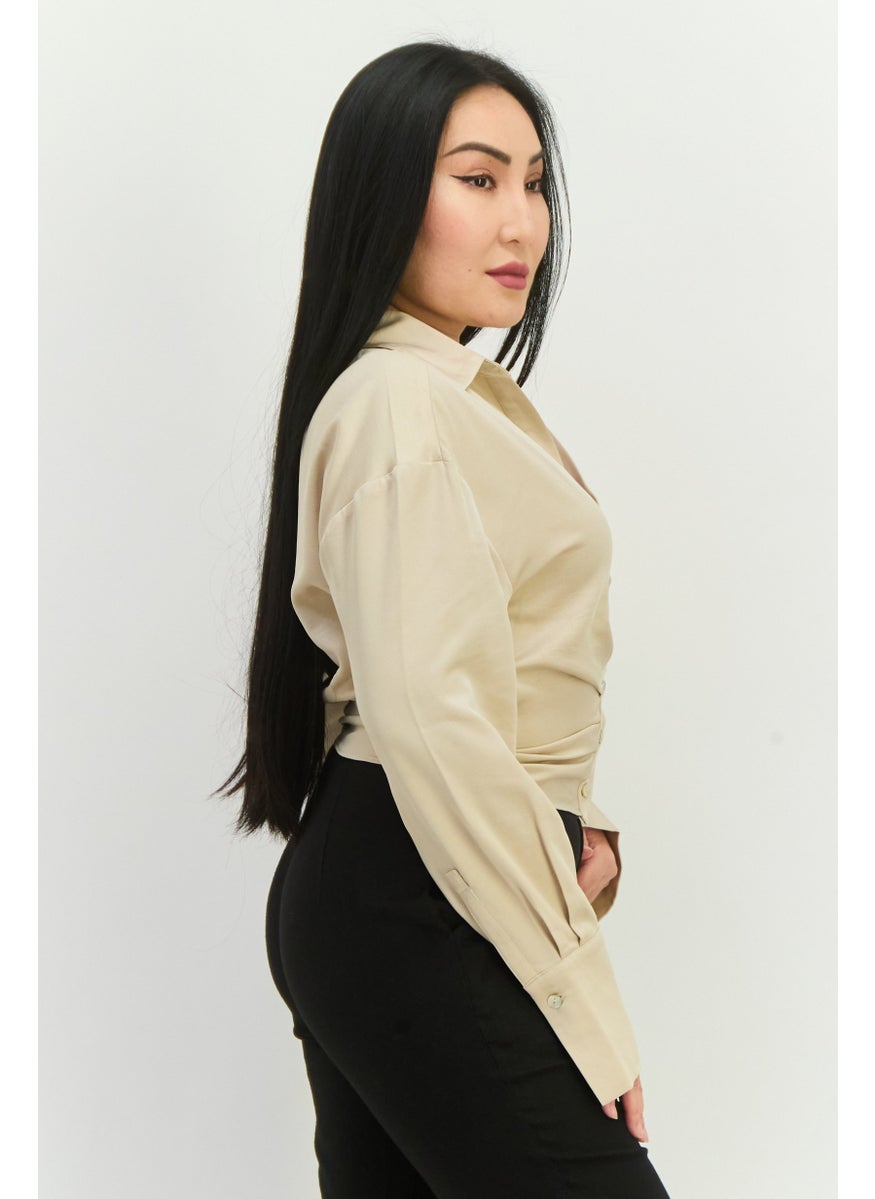 NIA - Women Spread Collar Long Sleeves Plain Top, Tan - Image 1
