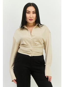 Women Spread Collar Long Sleeves Plain Top, Tan