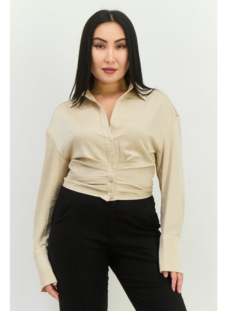NIA - Women Spread Collar Long Sleeves Plain Top, Tan - Image 1