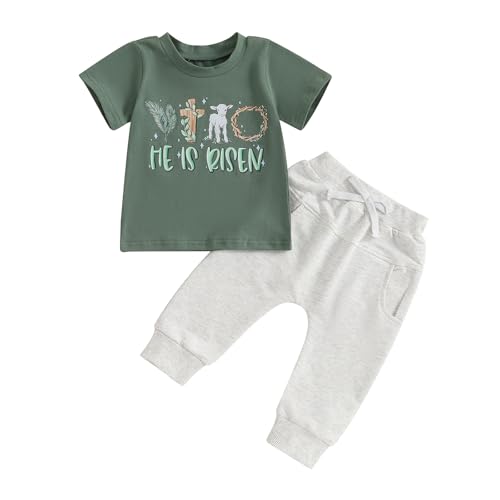 Frietlebird Infant Baby Boy Easter Outfit Letters Short Sleeve T-shirt and Pants Sets My First Easter Baby Boy Outfit (A-Green,6-12 Months) - Image 1