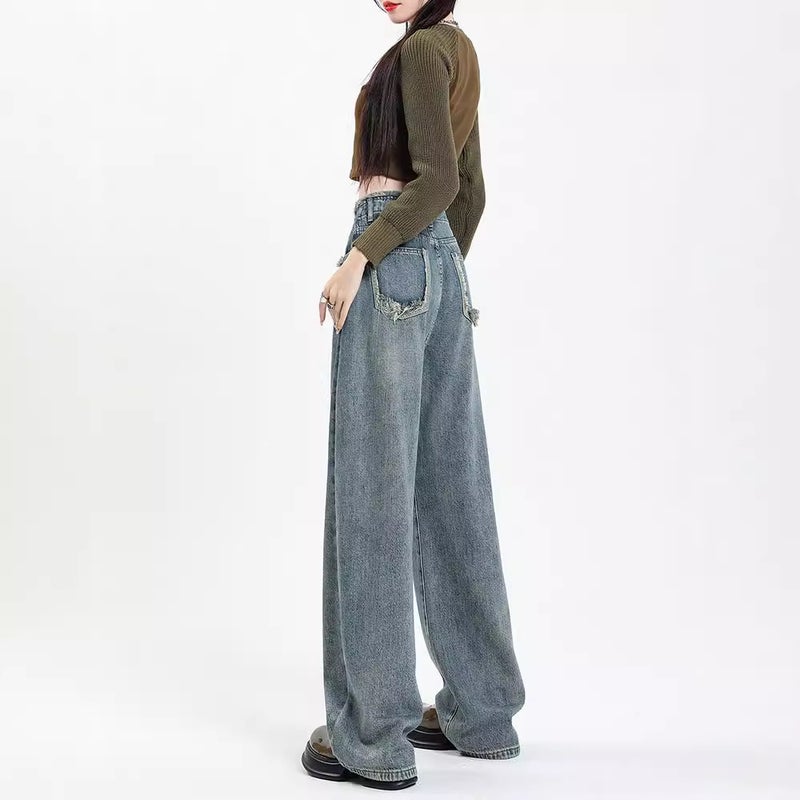 Women's High Waist Wide Leg Vintage Distressed Denim Jeans - Image 3
