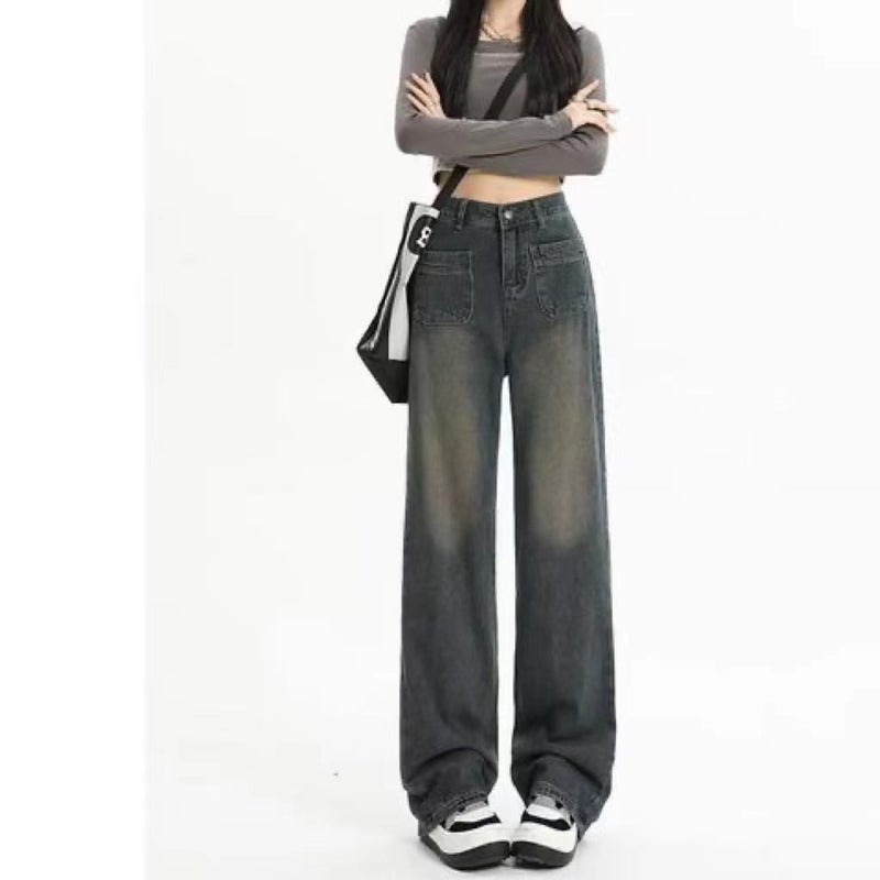 Women's High Waist Wide Leg Vintage Distressed Denim Jeans - Image 1
