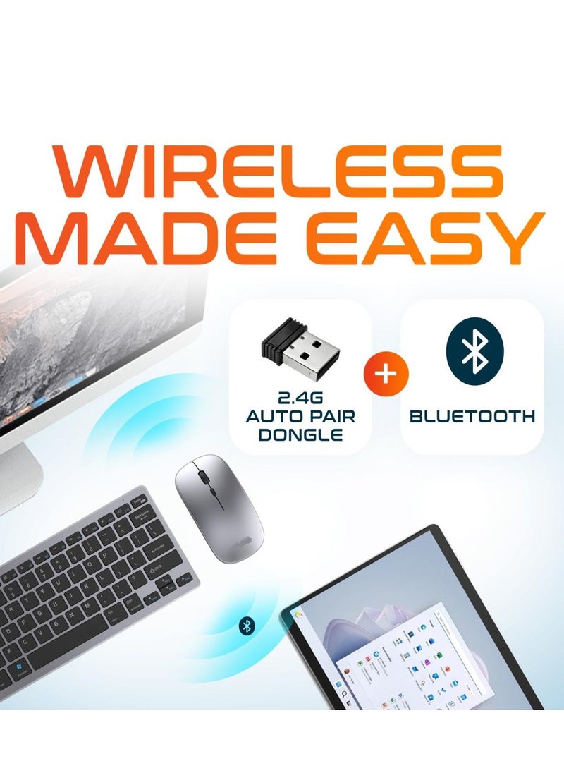 Forev - Rechargeable Dual Mode Keyboard Mouse Combo Silent Click – Bluetooth BT3-5 & 2.4G Wireless Connection – 3 Multi-Device (2.4G / BT1/ BT2 ) -10M Distance -Arabic / English Layout – with USB Receiver for Windows  / Android  / Laptop  | Silver - Image 1