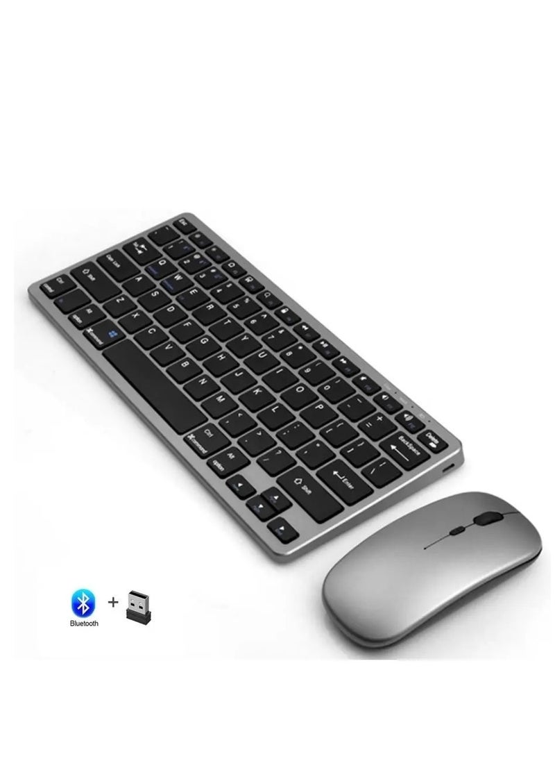 Forev - Rechargeable Dual Mode Keyboard Mouse Combo Silent Click – Bluetooth BT3-5 & 2.4G Wireless Connection – 3 Multi-Device (2.4G / BT1/ BT2 ) -10M Distance -Arabic / English Layout – with USB Receiver for Windows  / Android  / Laptop  | Silver - Image 1