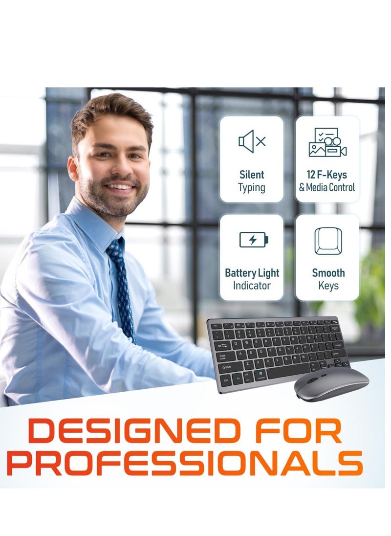 Forev - Rechargeable Dual Mode Keyboard Mouse Combo Silent Click – Bluetooth BT3-5 & 2.4G Wireless Connection – 3 Multi-Device (2.4G / BT1/ BT2 ) -10M Distance -Arabic / English Layout – with USB Receiver for Windows  / Android  / Laptop  | Silver - Image 1