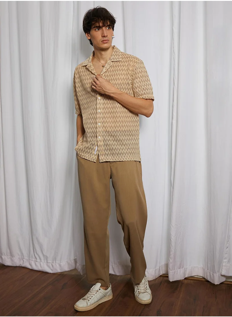Campus Sutra Men's Canvas Beige Chevron-Knit Shirt