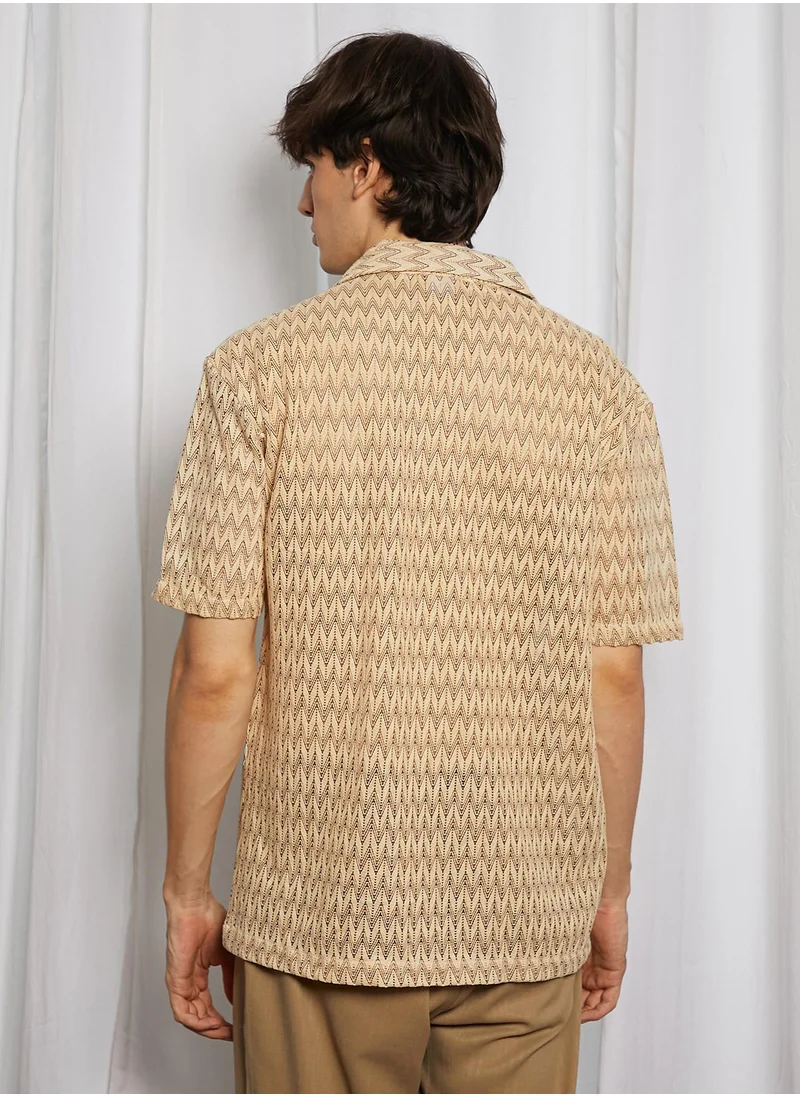 Campus Sutra Men's Canvas Beige Chevron-Knit Shirt