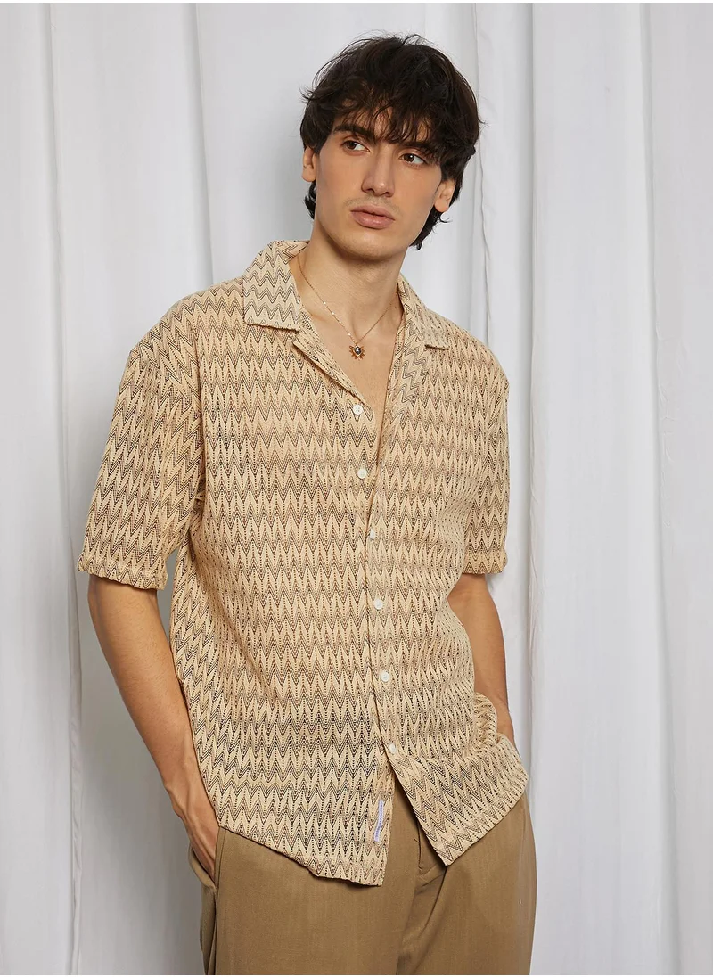Campus Sutra Men's Canvas Beige Chevron-Knit Shirt