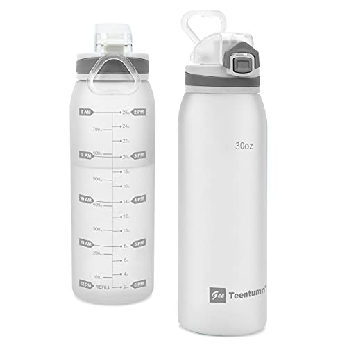 Teentumn Water Bottle BPA Free Tritan with Time Markers 30oz Large Durable Gym Plastic Bottle for Fitness Outdoor Enthusiasts Leakproof White Pack of 1