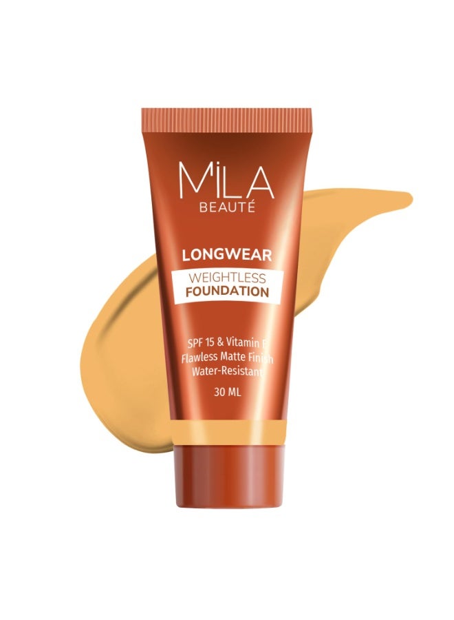 ميلا بيوتي كريم أساس Mila Beauté طويل الأمد وخفيف الوزن | لمسة نهائية مطفية (Matte) مع عامل حماية من الشمس (SPF 15) وفيتامين E | تركيبة مقاومة للماء وخفيفة للغاية وقابلة للزيادة في التغطية | كريم أساس سائل | الدرجة - (304 Golden Caramel، 30 مل) - Image 1