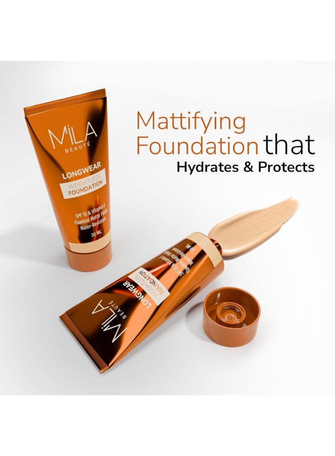 ميلا بيوتي كريم أساس Mila Beauté طويل الأمد وخفيف الوزن | لمسة نهائية مطفية (Matte) مع عامل حماية من الشمس (SPF 15) وفيتامين E | تركيبة مقاومة للماء وخفيفة للغاية وقابلة للزيادة في التغطية | كريم أساس سائل | الدرجة - (304 Golden Caramel، 30 مل) - Image 3
