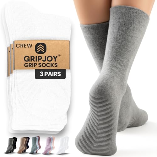 Gripjoy Grip Socks for Women, Grippy, Non Slip, Gripper Socks for Women & Men, Pilates, Yoga, Hospital, Non Skid, 3 Pairs, Crew, White - Image 1