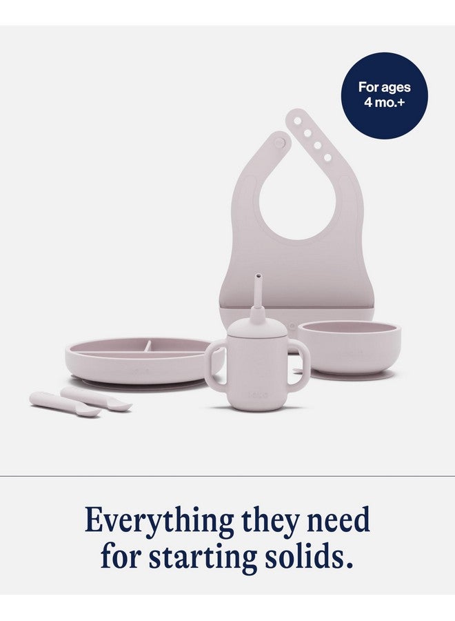 Lalo First Bites Silicone Baby Feeding Set - Baby Led Weaning Supplies - Non-Toxic Silicone - Includes 1 Bib, 2 Spoons, Training Cup, Suction Plate and Bowl - 6 Pieces - Lavender - Image 3