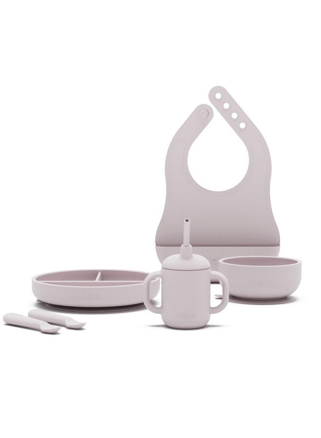 Lalo First Bites Silicone Baby Feeding Set - Baby Led Weaning Supplies - Non-Toxic Silicone - Includes 1 Bib, 2 Spoons, Training Cup, Suction Plate and Bowl - 6 Pieces - Lavender - Image 1