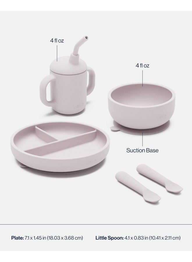 Lalo First Bites Silicone Baby Feeding Set - Baby Led Weaning Supplies - Non-Toxic Silicone - Includes 1 Bib, 2 Spoons, Training Cup, Suction Plate and Bowl - 6 Pieces - Lavender - Image 5