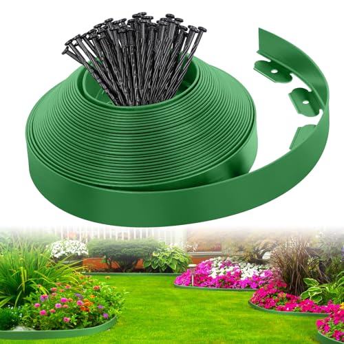 FunFanso 2-Inch x 33 FT Landscape Edging Border with 50 Spikes, Garden Edging Lawn Edging Border Kit, Plastic Edging Border Flexible for Garden Flower Beds Lawn Yard Pathway (Green) - Image 1